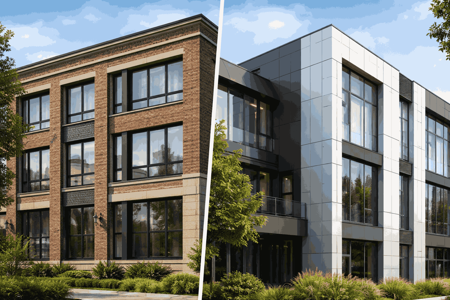 Side-by-side comparison of masonry facade and modern cladding facade system on residential buildings Side-by-side comparison of masonry facade and modern cladding facade system on residential buildings