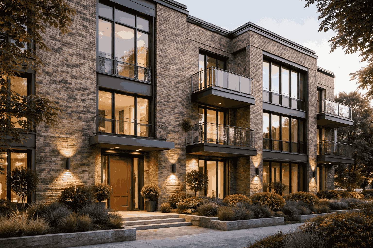Modern brick masonry facade on a multi-story residential building with balconies and exterior lighting Modern brick masonry facade on a multi-story residential building with balconies and exterior lighting