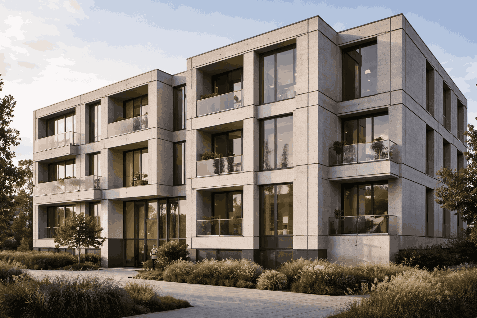 Modern residential building with precast concrete facade panels and large glass windows Modern residential building with precast concrete facade panels and large glass windows