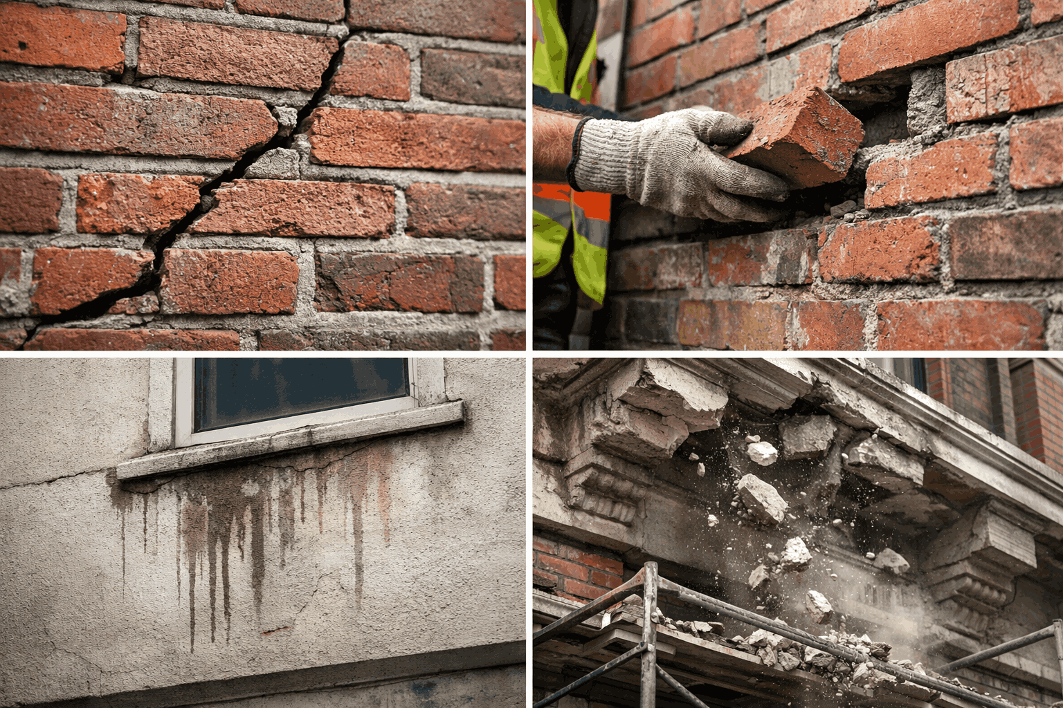 Signs of façade damage on NYC buildings including cracked brickwork, water stains, loose masonry, and structural deterioration