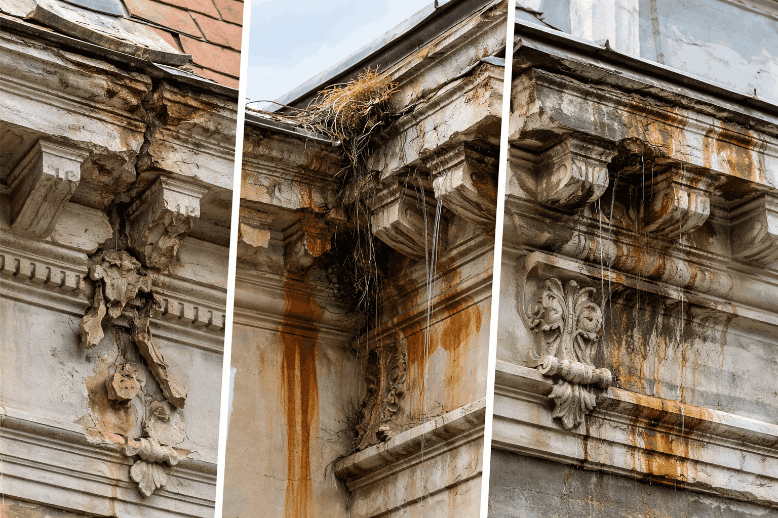 damaged building cornice with cracks rust stains water leakage and structural deterioration