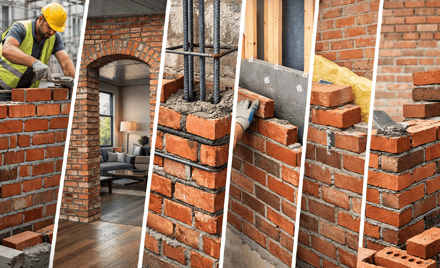 types of brickwork construction with bricks mortar and masonry tools on site