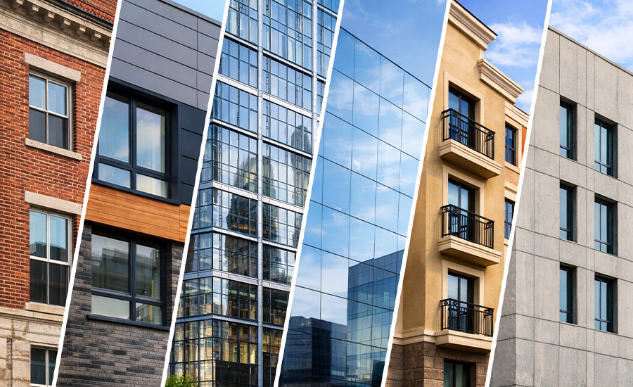 Different facade systems used in NYC buildings including masonry, cladding, glass curtain wall, EIFS, and precast concrete