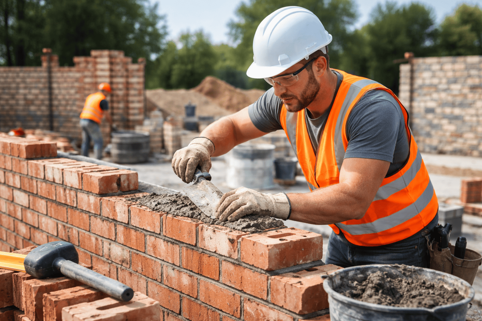 masonry contractor laying bricks and applying mortar during wall construction