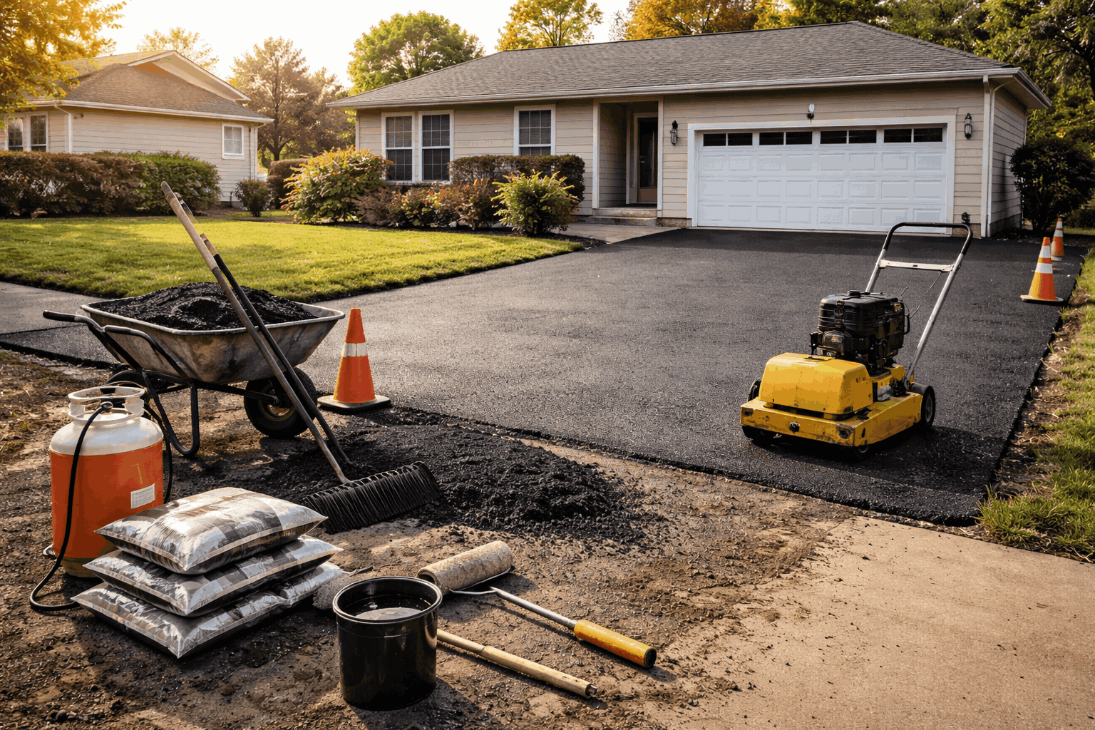 blacktop driveway installation with equipment and base preparation work at residential property