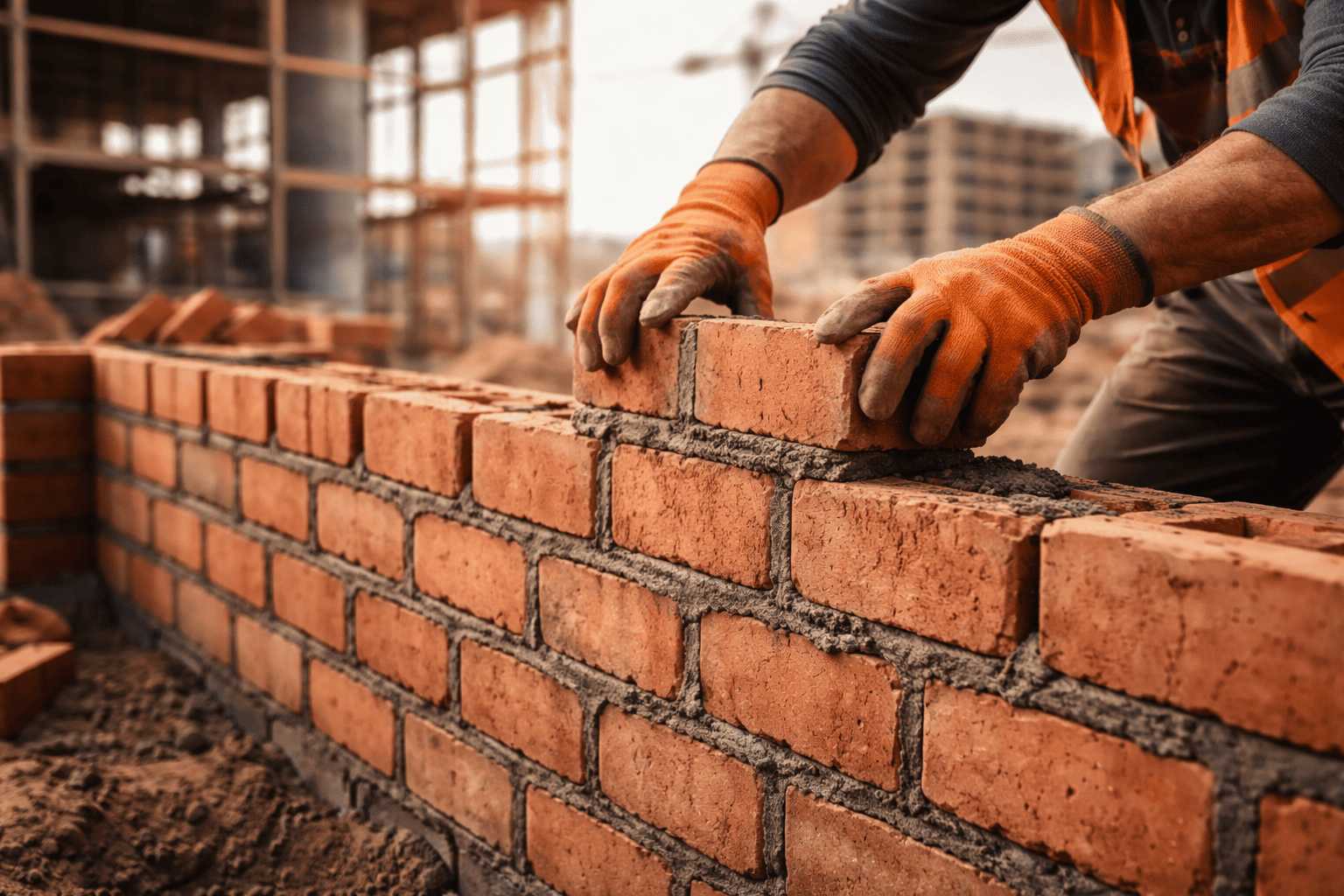 brickwork construction showing clay bricks laid with mortar for structural wall building brickwork construction showing clay bricks laid with mortar for structural wall building