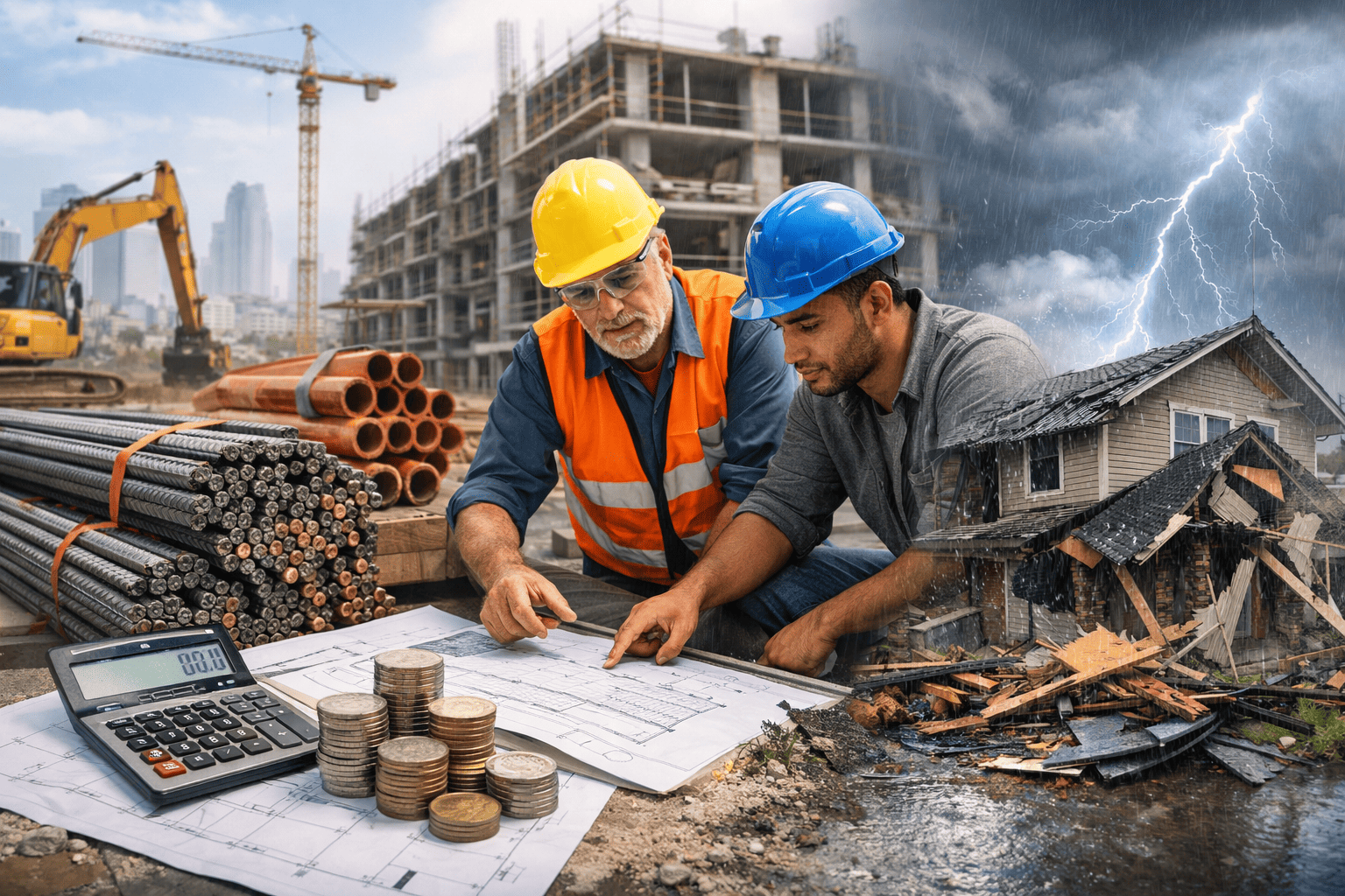 Construction professionals reviewing building plans as rising material costs, inflation, and weather damage influence construction pricing in 2026.