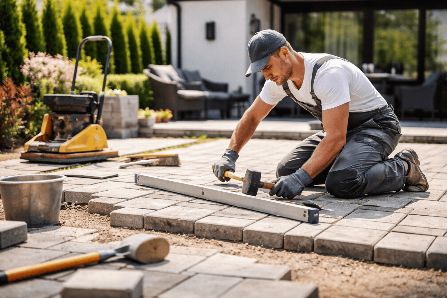 professional contractor leveling patio pavers with tools for accurate installation