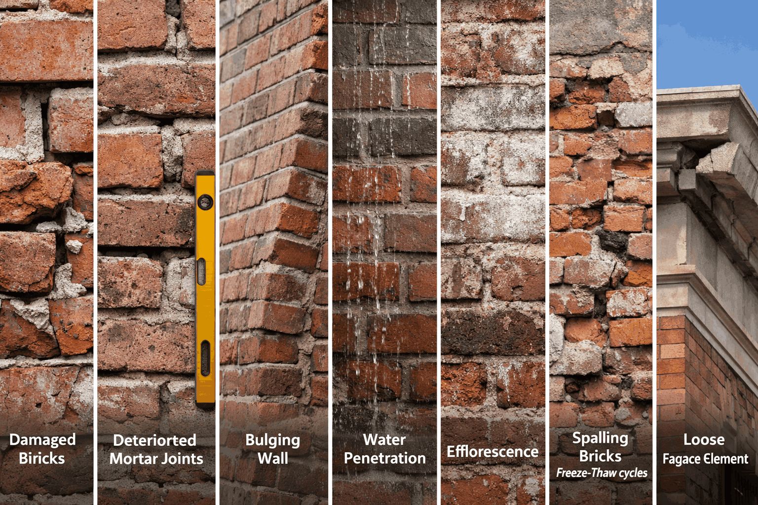 Common masonry problems that lead to costly repairs including damaged bricks, deteriorated mortar joints, bulging wall, water penetration, efflorescence, spalling bricks, and loose façade elements.