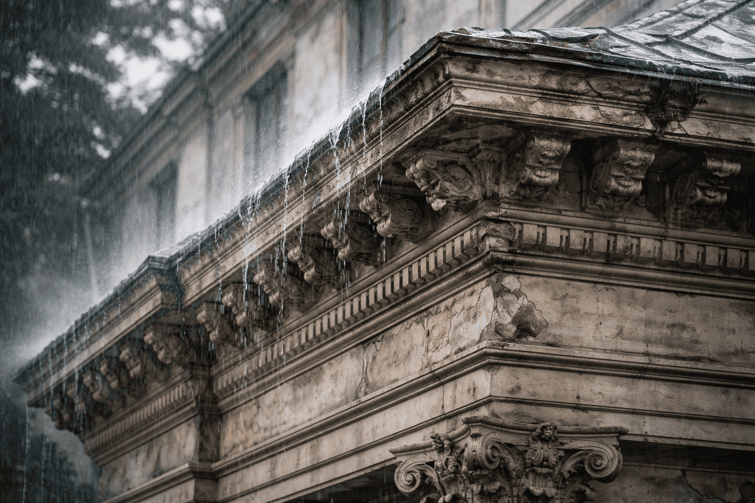 Decorative building cornice exposed to rain and moisture showing cracks and weather damage on masonry facade Decorative building cornice exposed to rain and moisture showing cracks and weather damage on masonry facade