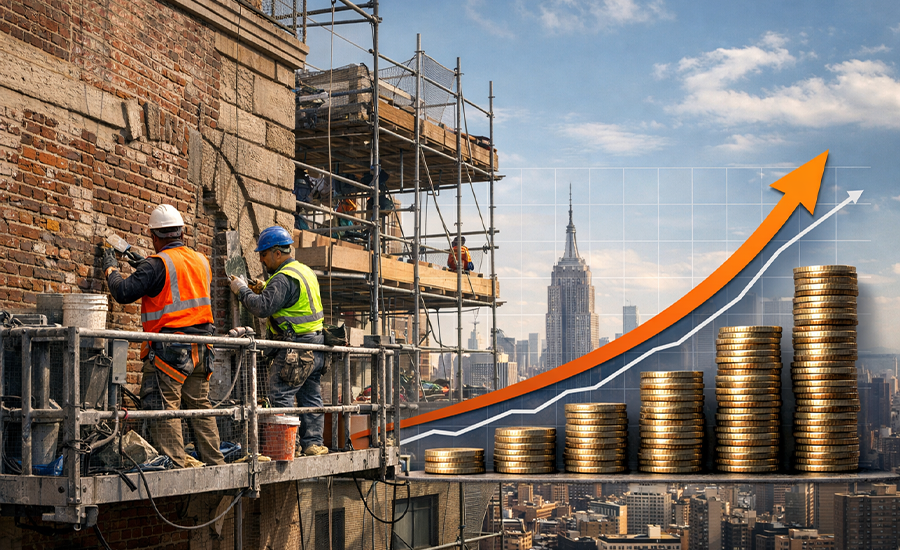 Masonry repair work on a NYC building with rising cost graph showing how delaying masonry repairs increases restoration expenses.