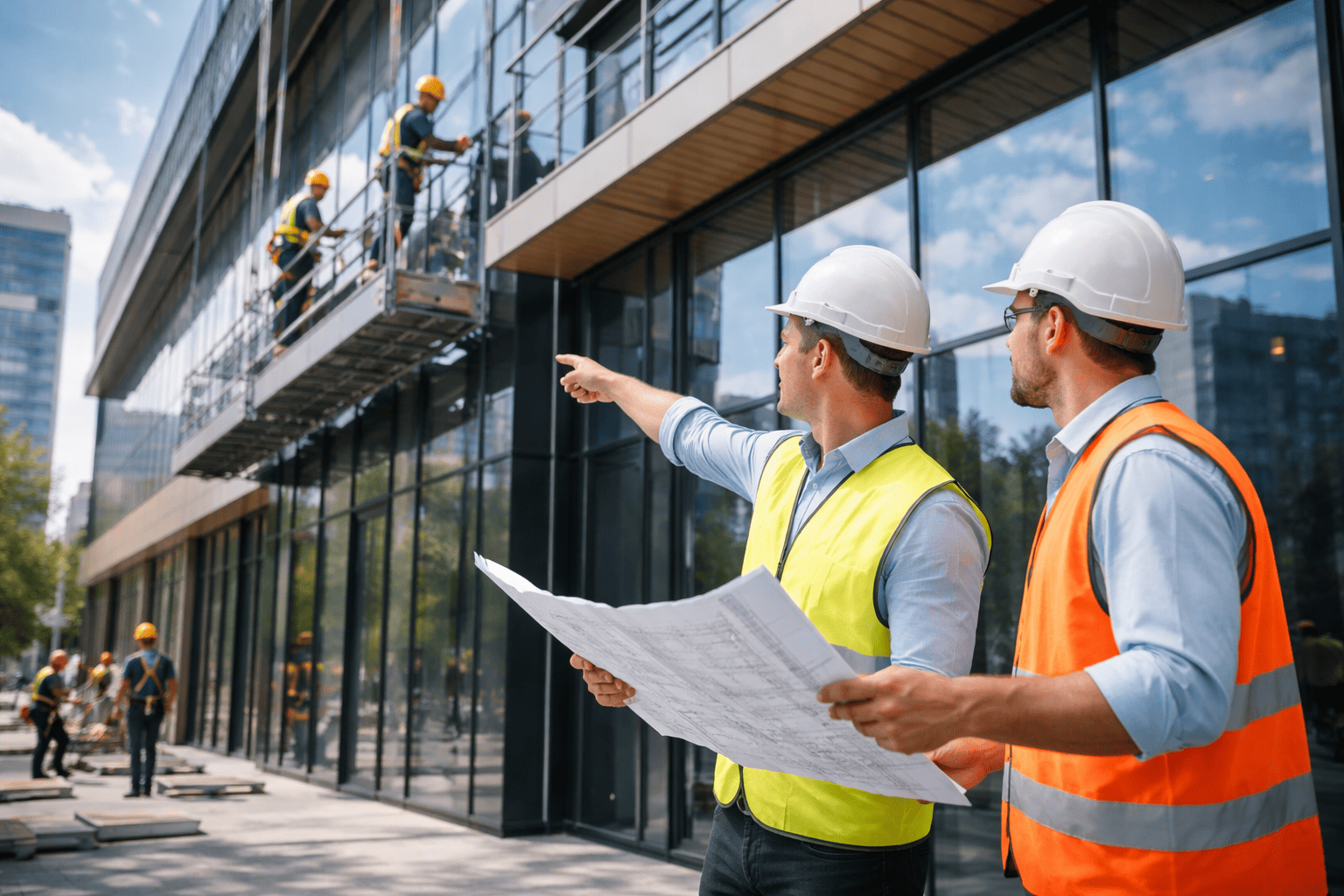Professional façade contractors inspecting and repairing a commercial building exterior using scaffolding in NYC