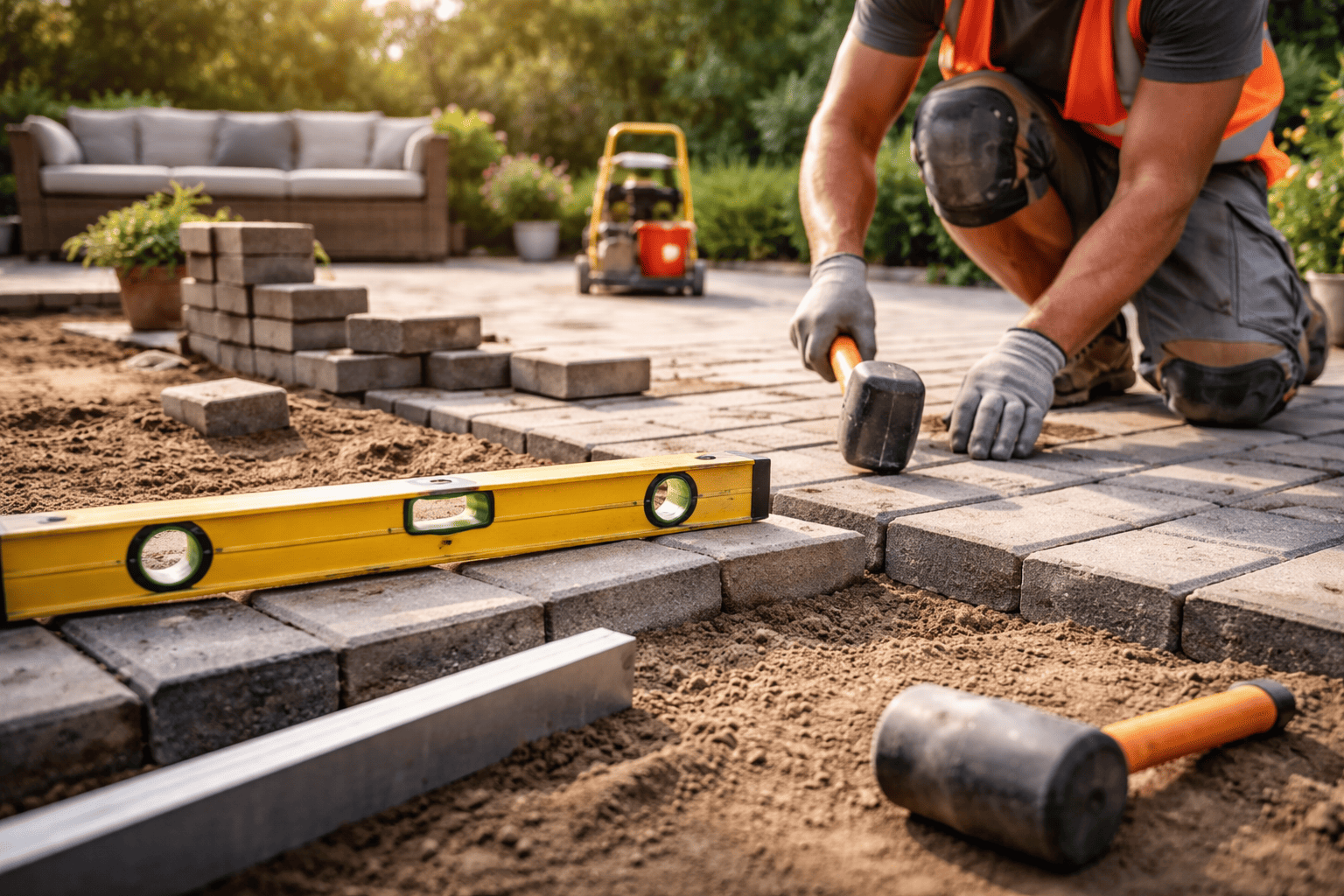 worker leveling patio pavers with tools for proper drainage and stability
