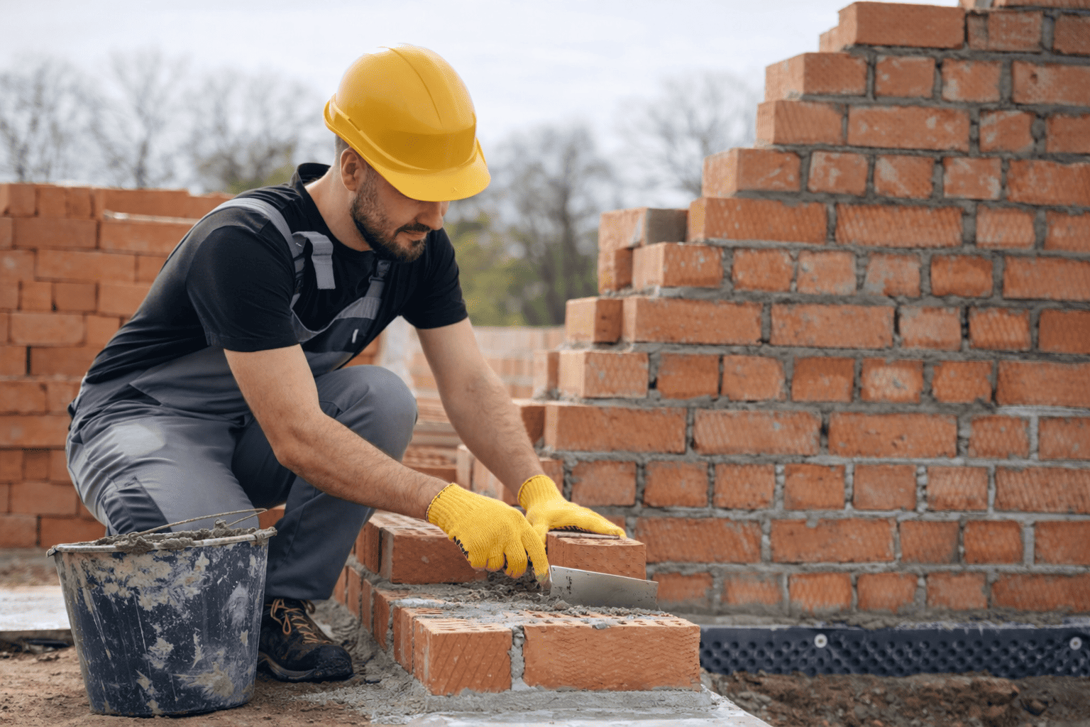 professional masonry contractor installing bricks with mortar during wall construction