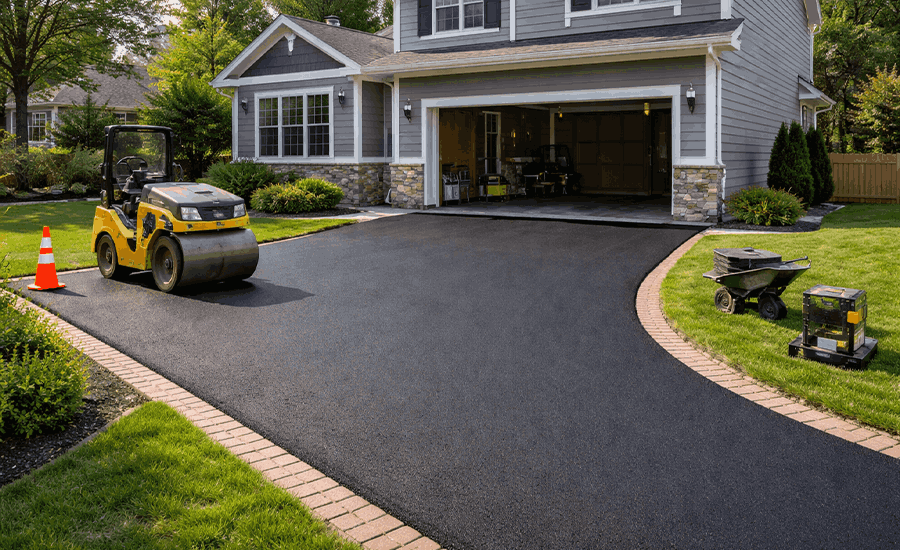 blacktop driveway installation in NYC with smooth asphalt surface and residential home exterior