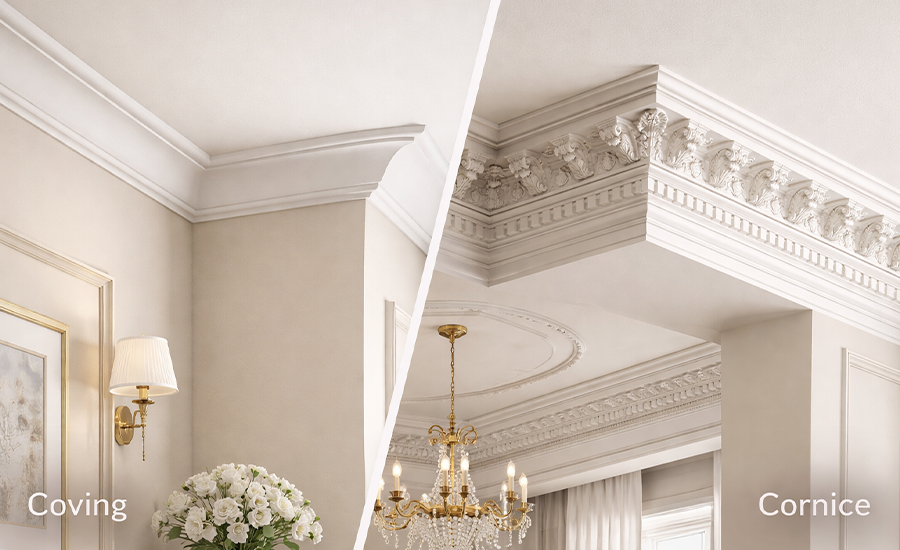 coving vs cornice comparison showing simple curved molding and detailed decorative cornice at ceiling junction