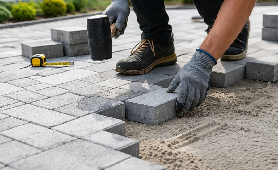 step-by-step paving installation showing base preparation, sand leveling, and paver placement for a durable surface