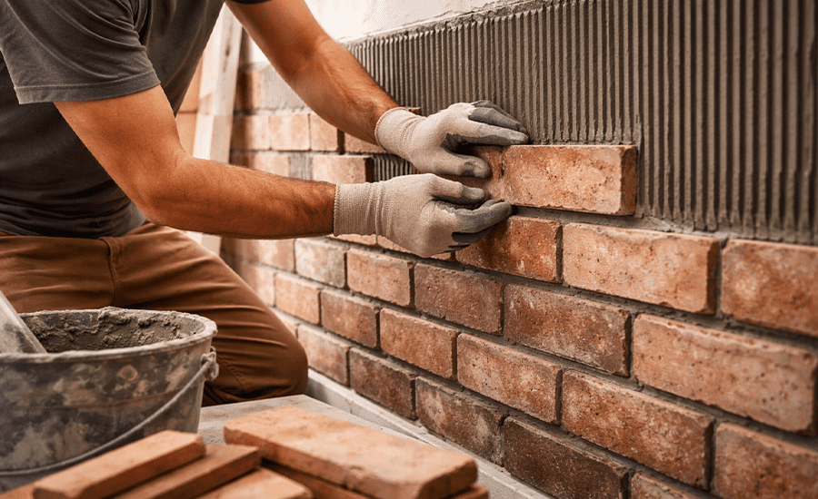 thin brick installation process showing brick veneer placement with mortar and tools on a wall