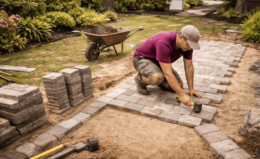 beautifully designed paved patio with seating, dining area, and landscape layout