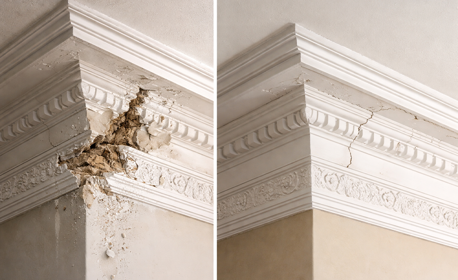 Structural vs cosmetic cornice damage in NYC building showing cracks and surface deterioration