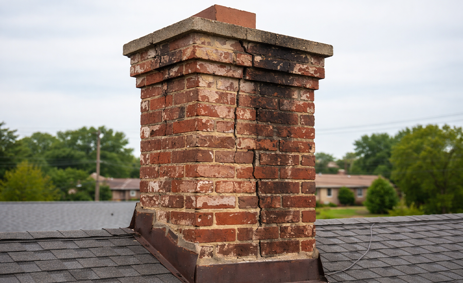 chimney structural damage in NYC showing cracked bricks and deteriorating masonry