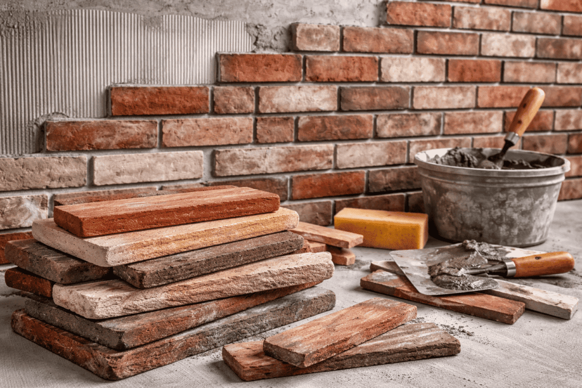 thin brick veneer pieces with mortar and tools during installation on a wall surface thin brick veneer pieces with mortar and tools during installation on a wall surface