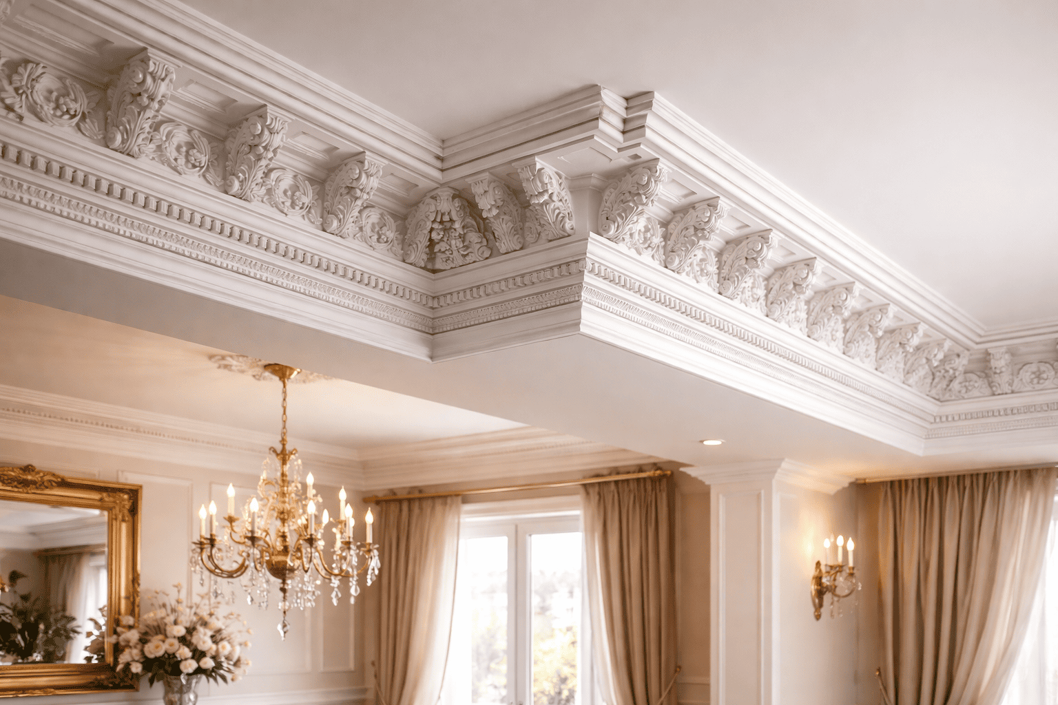 decorative cornice molding with detailed patterns at wall and ceiling junction in classic interior design decorative cornice molding with detailed patterns at wall and ceiling junction in classic interior design