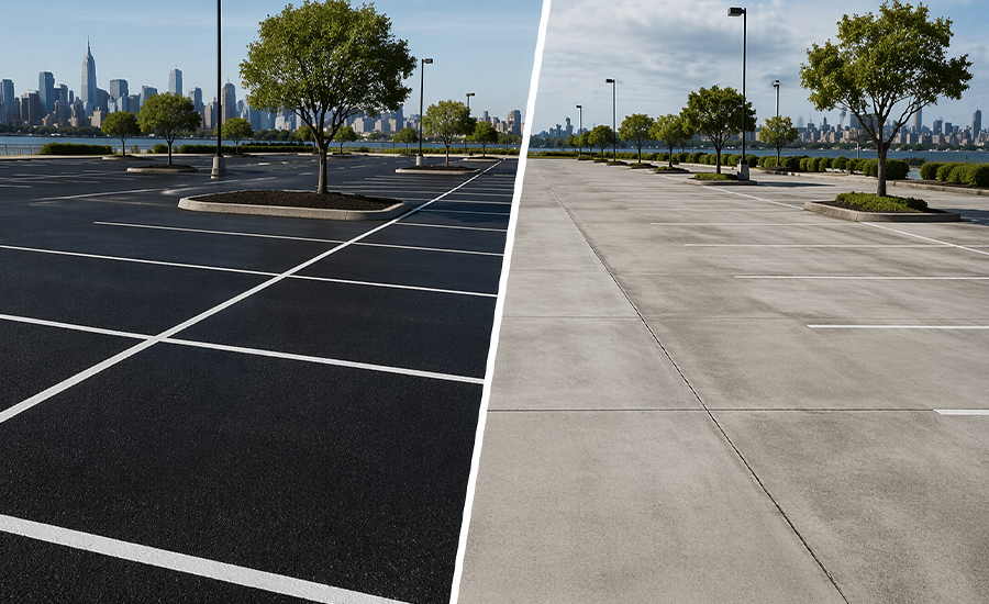 asphalt vs concrete parking lot comparison in NYC showing durability and surface differences