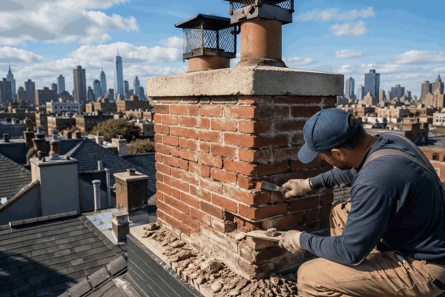 Restored brick chimney on a rooftop