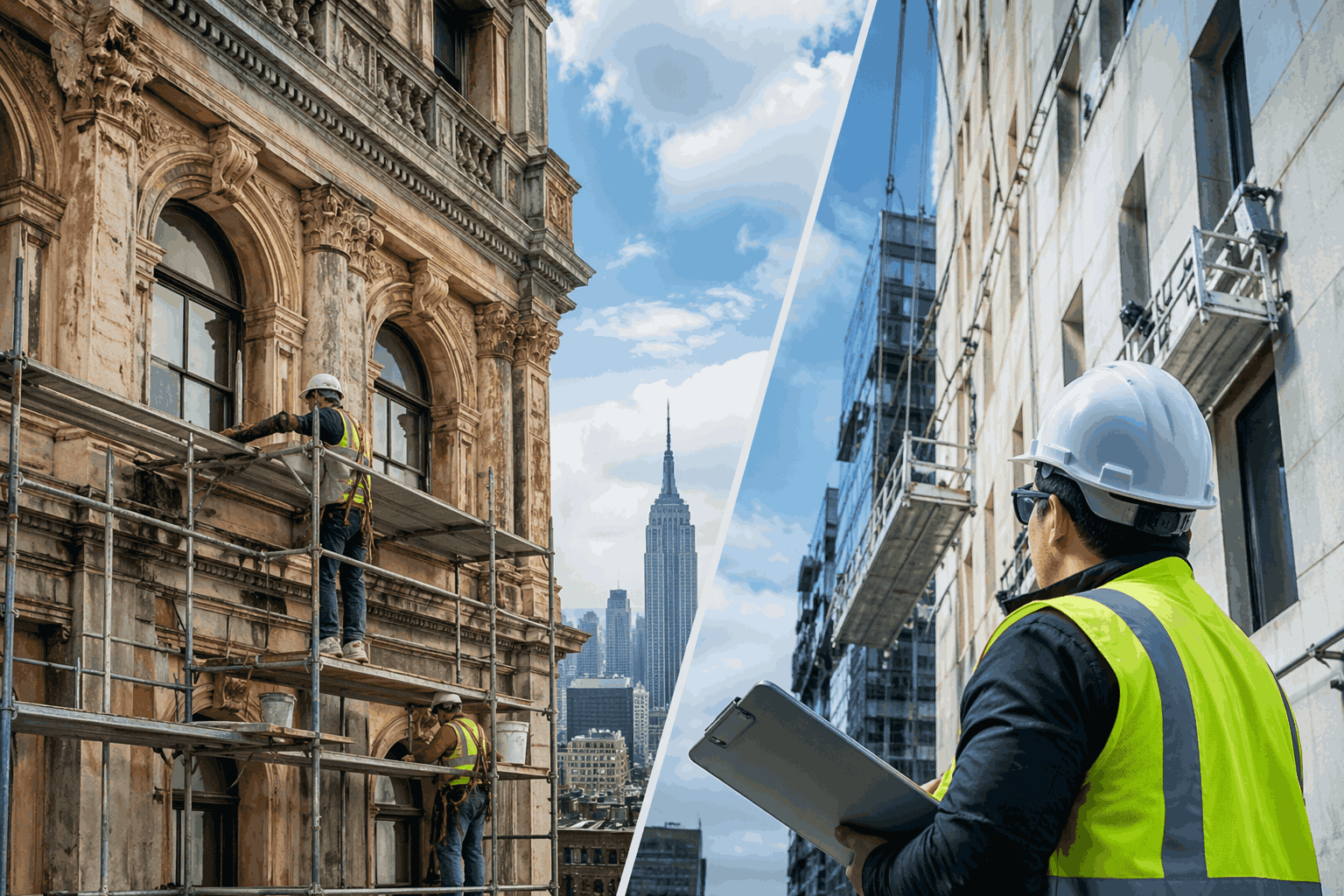 Cost comparison between landmark restoration and standard building repair in NYC with historic facade restoration and modern repair work Cost comparison between landmark restoration and standard building repair in NYC with historic facade restoration and modern repair work