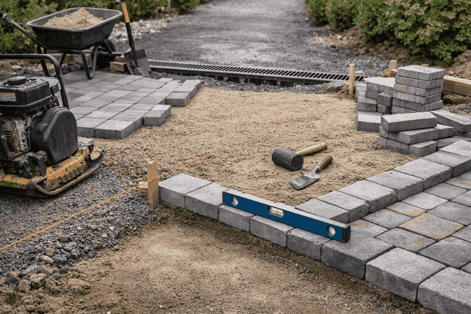 DIY paving installation showing sand leveling, base preparation, and paver alignment using tools and string lines DIY paving installation showing sand leveling, base preparation, and paver alignment using tools and string lines