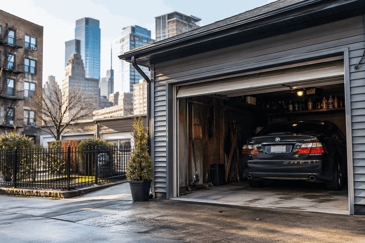 Residential garage in NYC showing a parked car and urban surroundings, highlighting the importance of early garage repair and maintenance Residential garage in NYC showing a parked car and urban surroundings, highlighting the importance of early garage repair and maintenance