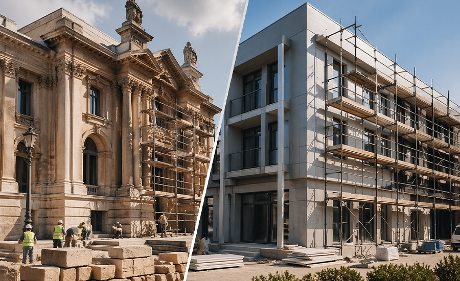 Landmark restoration vs standard building repair in NYC showing historic facade restoration and modern construction work