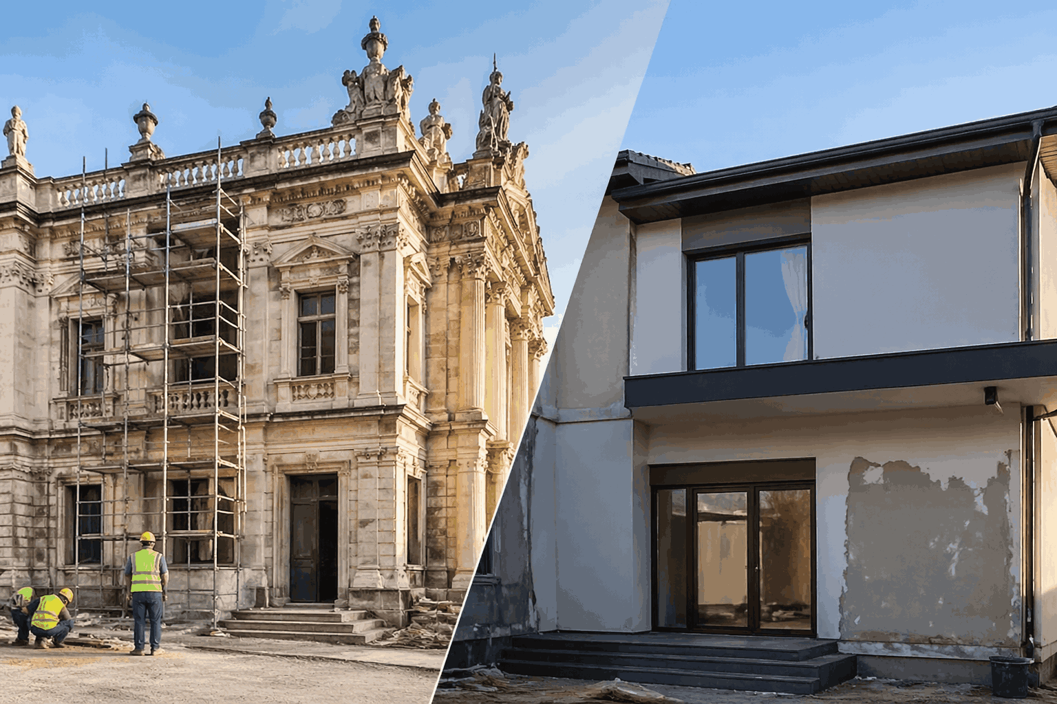 Landmark restoration vs standard building repair in NYC showing historic building restoration and modern repair work Landmark restoration vs standard building repair in NYC showing historic building restoration and modern repair work