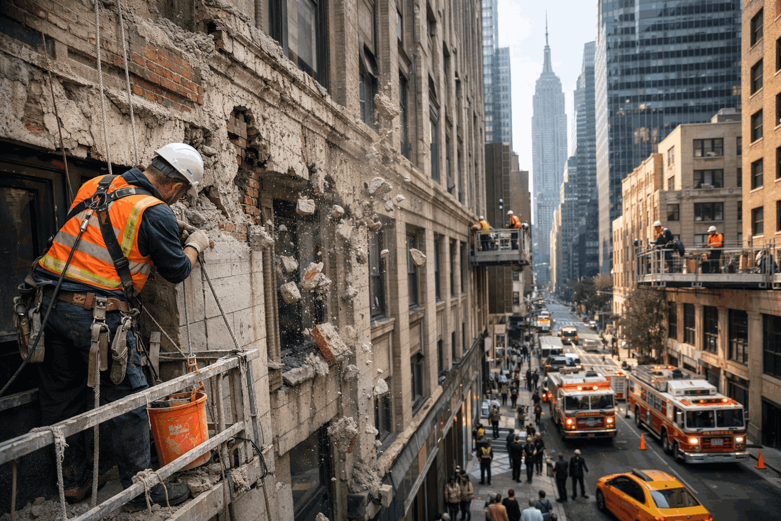 Facade debris falling from building in NYC highlighting safety risks addressed by Local Law 11