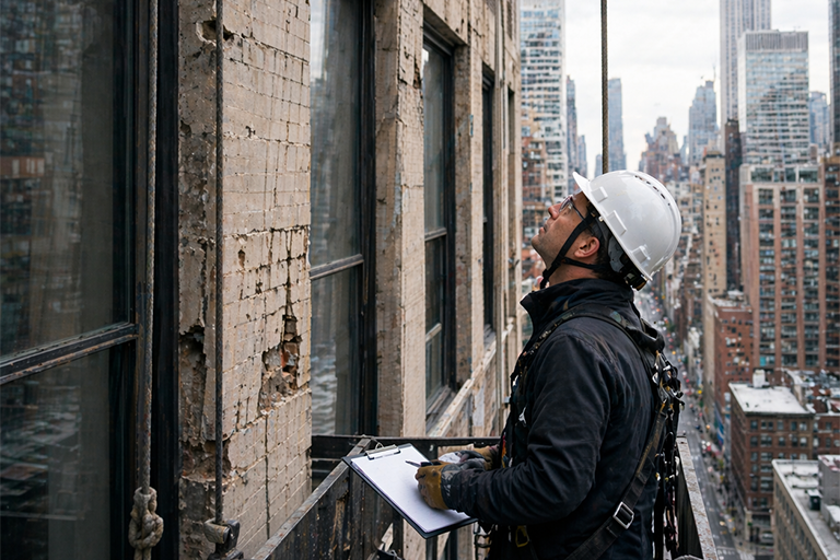 NYC facade inspector examining building exterior for Local Law 11 FISP inspection compliance