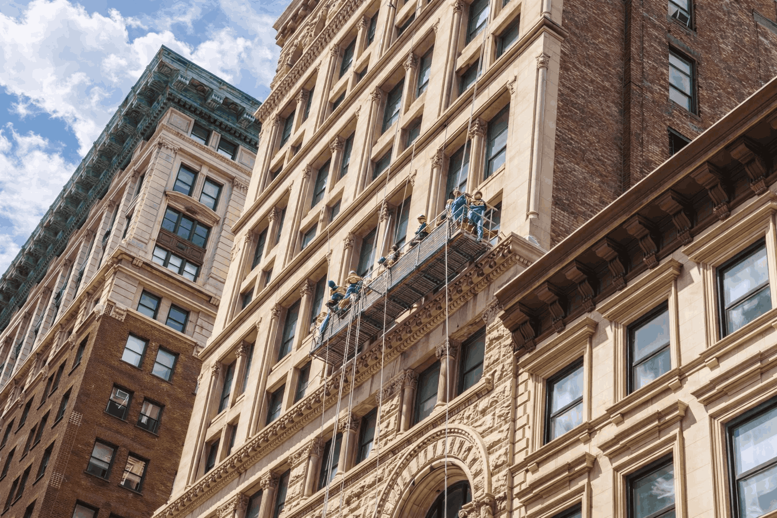 Workers performing facade inspection on NYC building to maintain Local Law 11 compliance