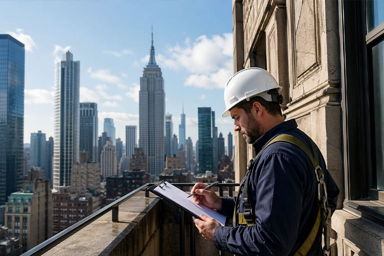 NYC facade inspector reviewing checklist during Local Law 11 FISP building inspection