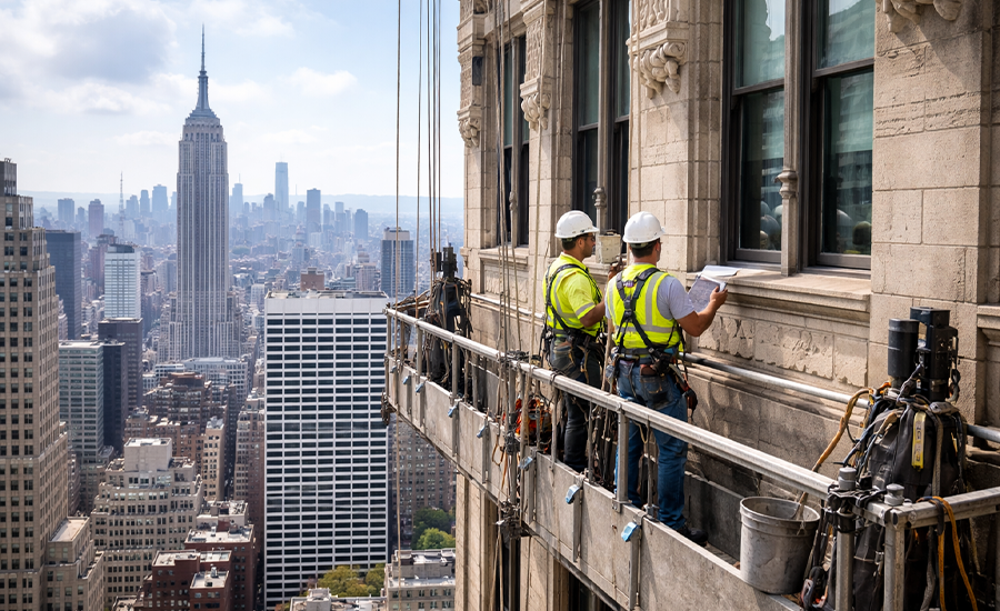 Facade inspection work on NYC building under Local Law 11 compliance requirements
