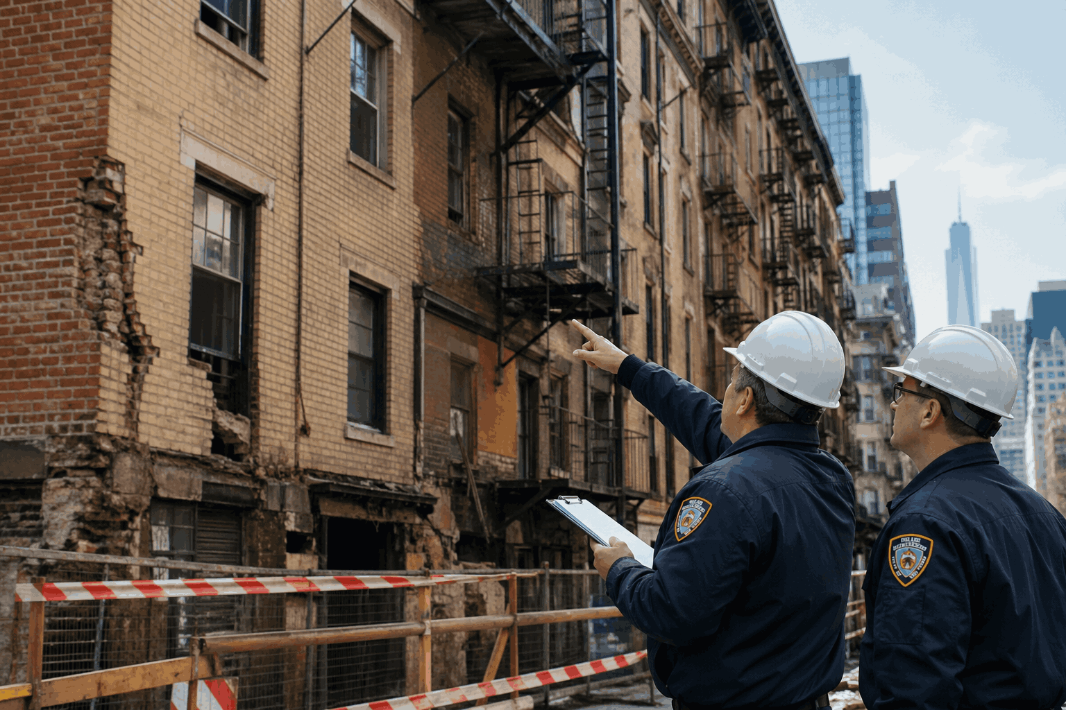 NYC inspectors assessing unsafe building facade and structural damage posing safety risks NYC inspectors assessing unsafe building facade and structural damage posing safety risks