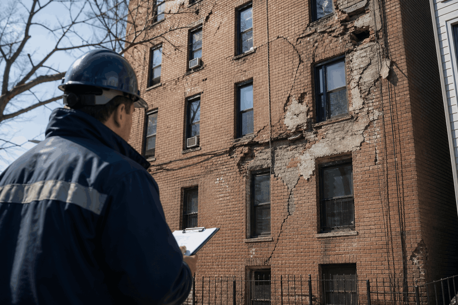 Inspector checking damaged building facade with cracks and violations in NYC Inspector checking damaged building facade with cracks and violations in NYC