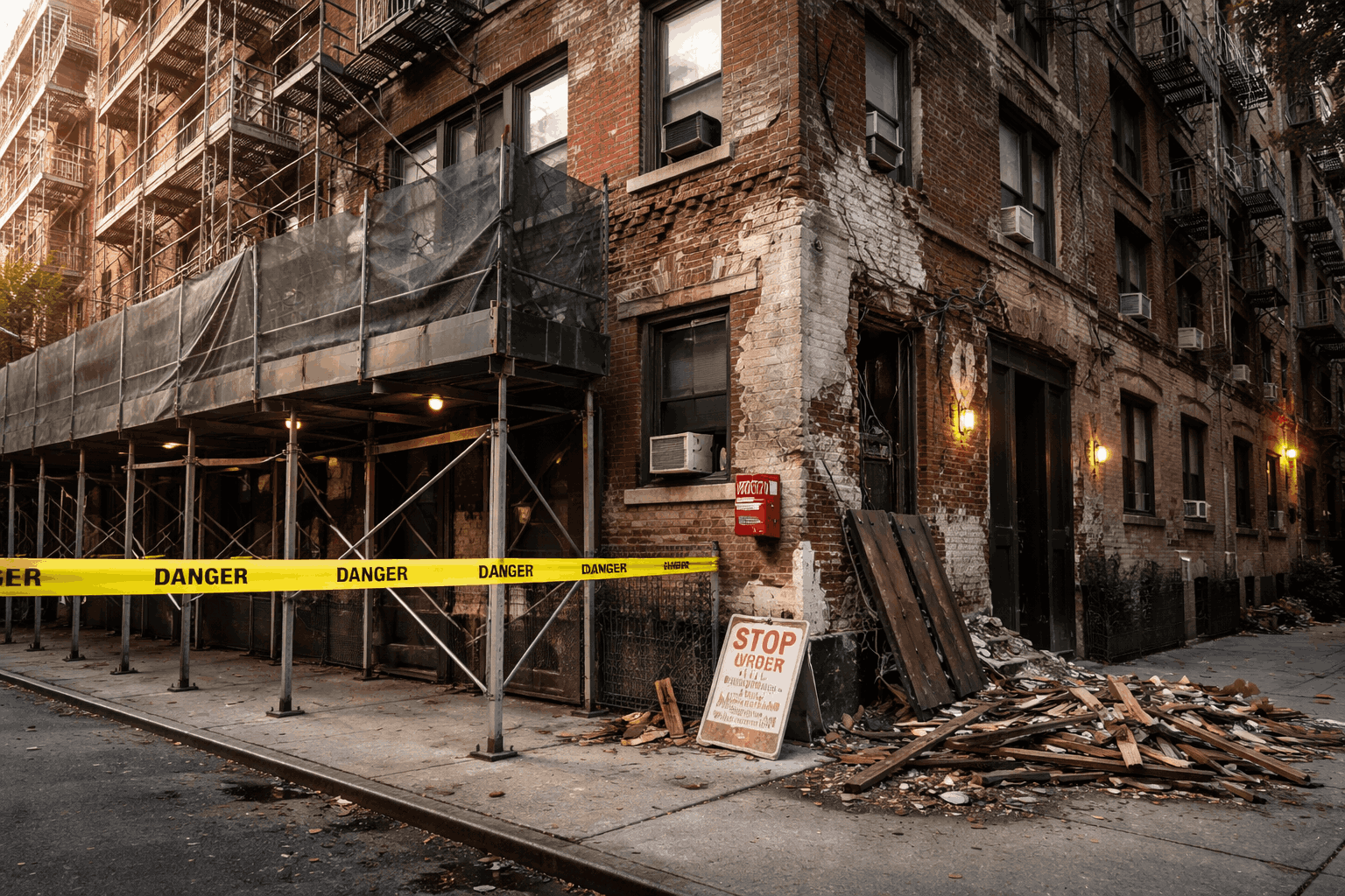 NYC building with facade damage, scaffolding, and safety hazard indicating property violations