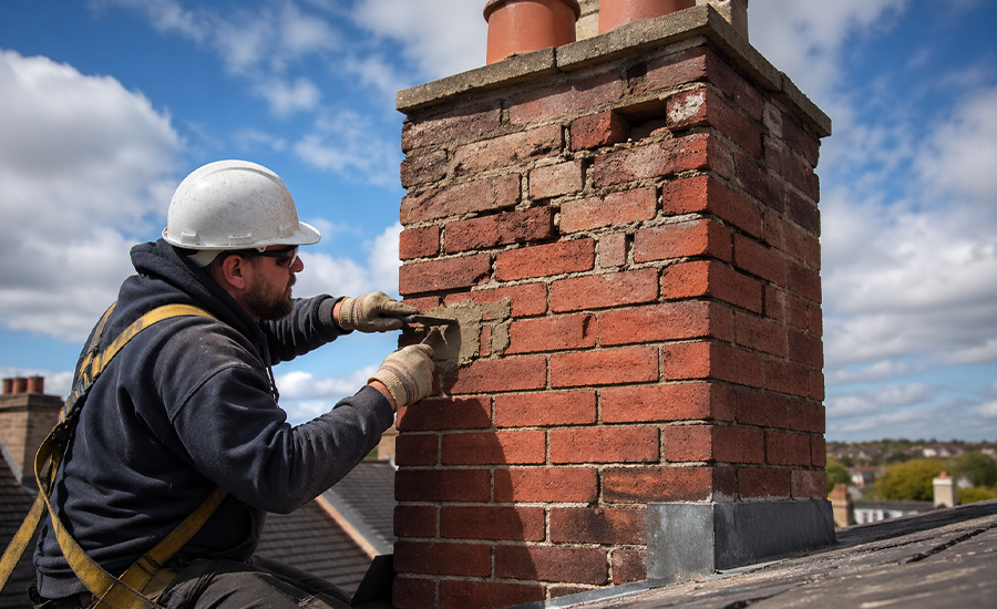Masonry worker repairing damaged brick chimney joints on a rooftop during chimney brick restoration