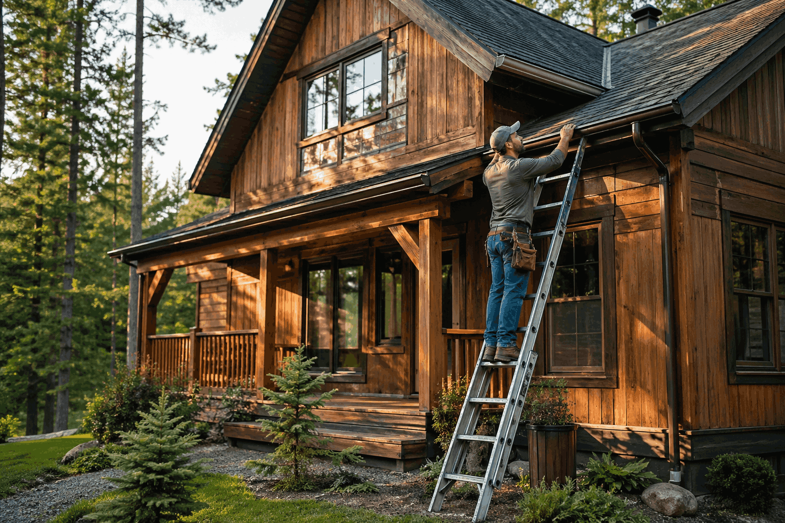 worker maintaining wooden house exterior using ladder and inspecting roof and gutter worker maintaining wooden house exterior using ladder and inspecting roof and gutter