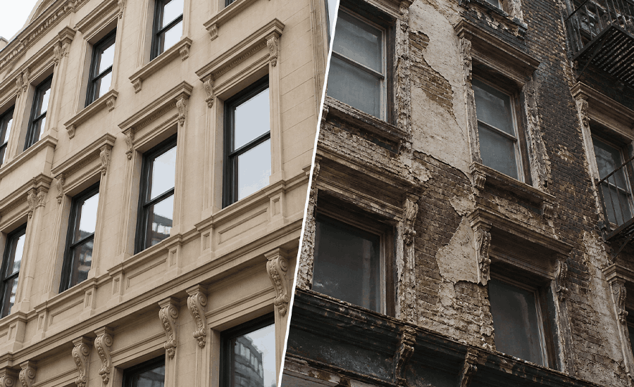 comparison of safe and unsafe building facade conditions in NYC showing well-maintained and damaged exterior walls