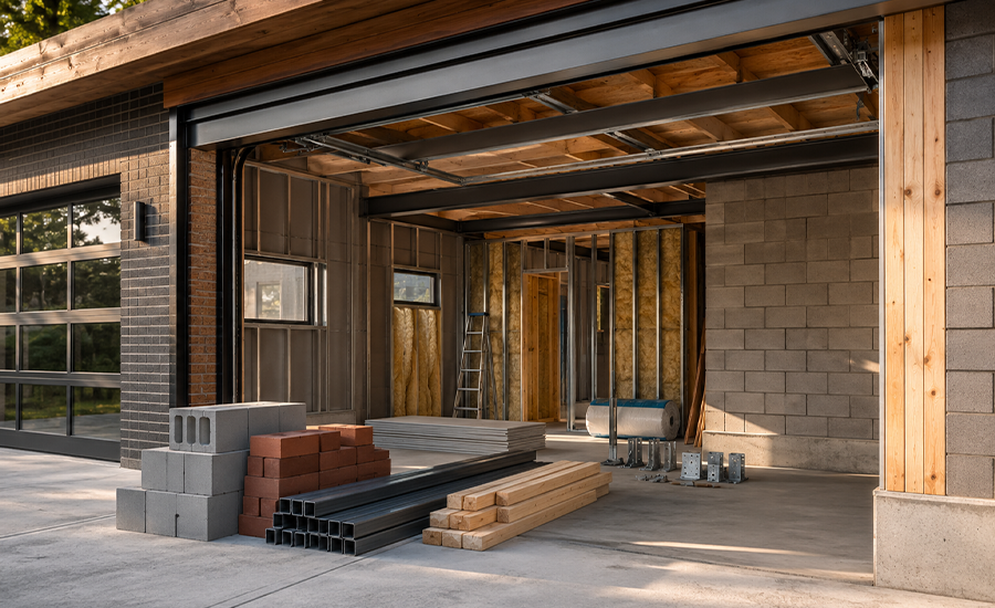 Modern garage construction in NYC showing concrete flooring, steel framing, brick walls, insulation, and durable exterior materials