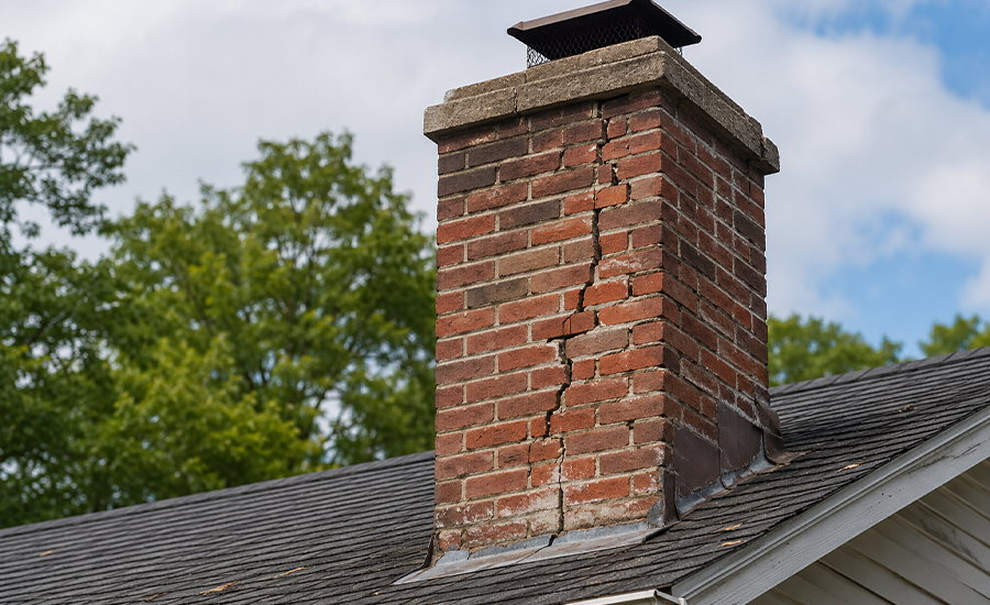 Cracked brick chimney on an older NYC building showing visible masonry damage and weakened mortar joints