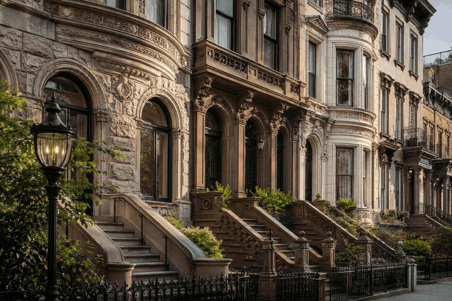 Historic NYC landmark buildings with detailed stone façades, brownstone stairs, decorative windows, and classic row house architecture.