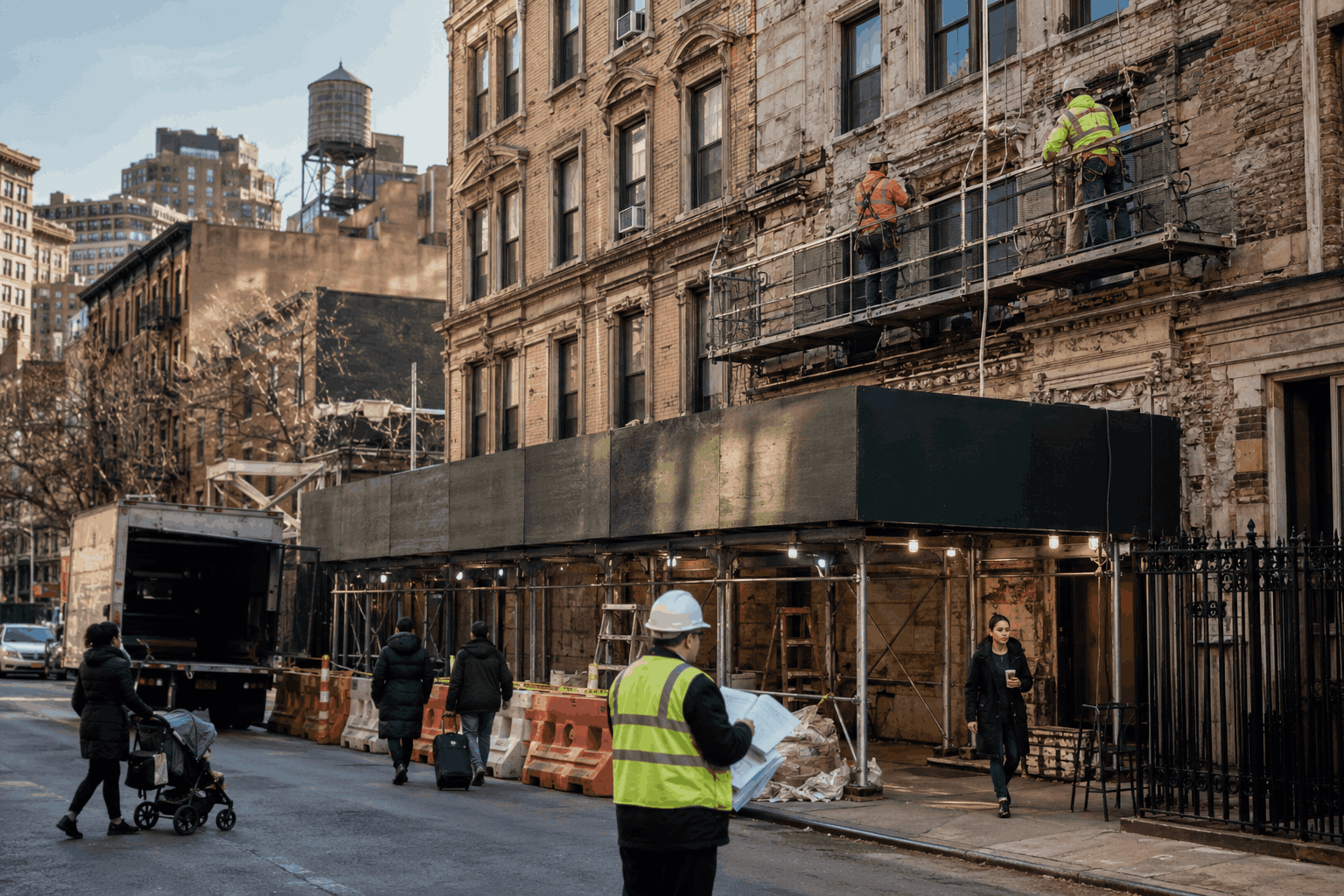 Local Law 11 compliance work in NYC with façade repairs, sidewalk shed protection, and workers inspecting an exterior wall Local Law 11 compliance work in NYC with façade repairs, sidewalk shed protection, and workers inspecting an exterior wall