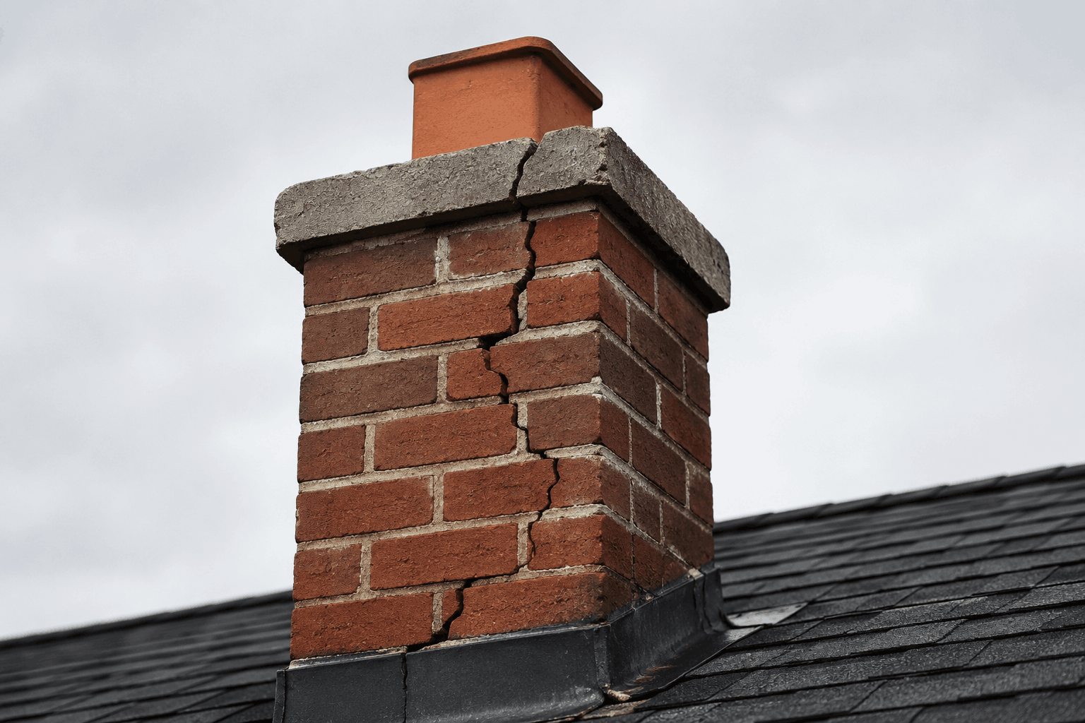 Cracked brick chimney on an older NYC building showing damaged mortar joints and visible masonry cracks